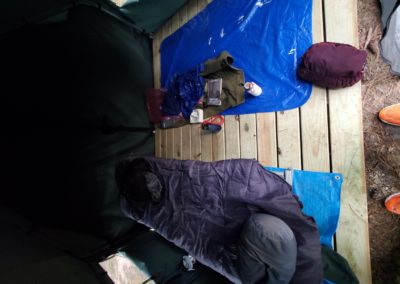 Sleeping bag and camping set up.